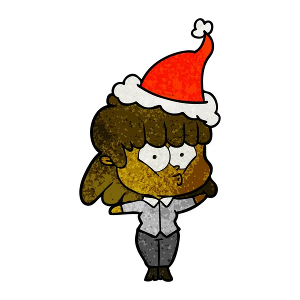 산타 모자를 쓰고 휘파람 여자의 질감된 만화 — 스톡 벡터
