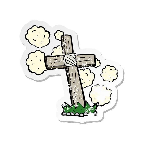 Retro Distressed Sticker Cartoon Wooden Cross Grave — Stock Vector