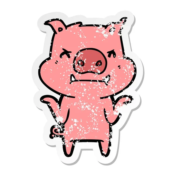 Distressed sticker of a angry cartoon pig shrugging shoulders — Stock Vector