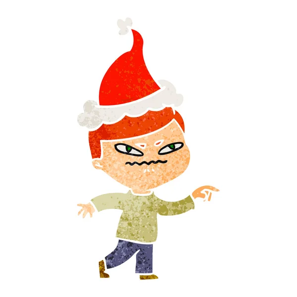 Hand Drawn Retro Cartoon Angry Man Pointing Wearing Santa Hat — Stock Vector