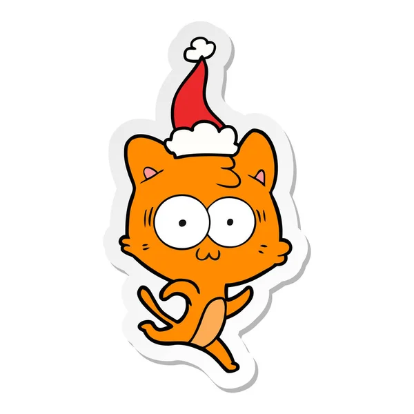 Etiket Karikatür Giyen Noel Baba Şapkası Çalıştıran Bir Sürpriz Kedi — Stok Vektör
