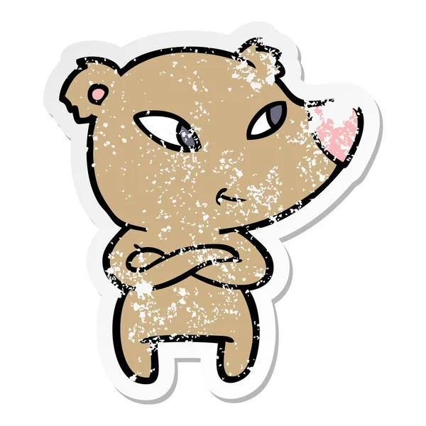 Etiqueta angustiada de um urso de desenho animado bonito com braços cruzados — Vetor de Stock