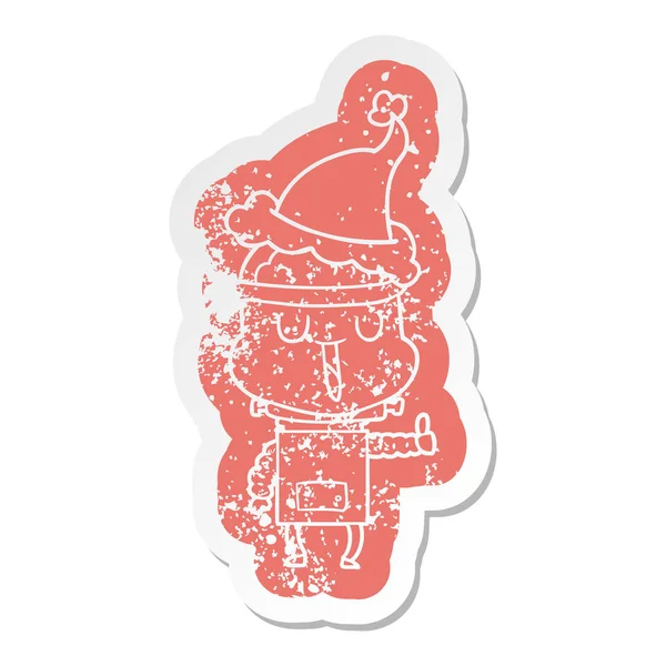 Happy Cartoon Distressed Aufkleber eines Roboters mit Weihnachtsmütze — Stockvektor