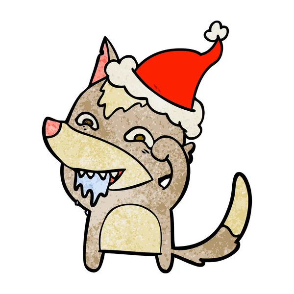 Hand Drawn Textured Cartoon Hungry Wolf Wearing Santa Hat — Stock Vector
