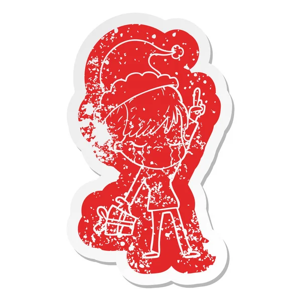 Quirky Cartoon Distressed Sticker Woman Crying Wearing Santa Hat — Stock Vector