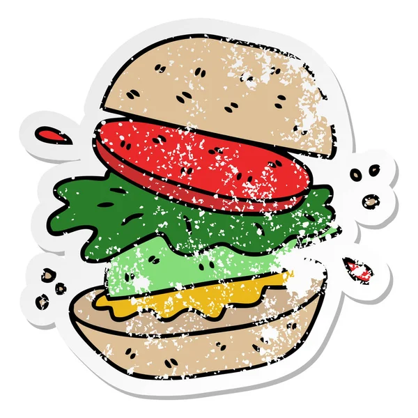 Distressed Sticker Quirky Hand Drawn Cartoon Veggie Burger — Stock Vector