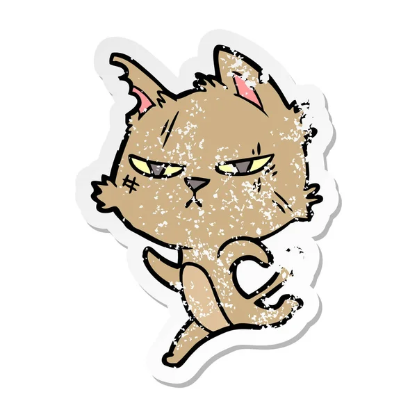 Verontruste Sticker Van Een Taaie Cartoon Kat Uitgevoerd — Stockvector