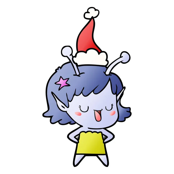 Feliz alienígena menina gradiente desenhos animados de um chapéu de Pai Natal vestindo — Vetor de Stock