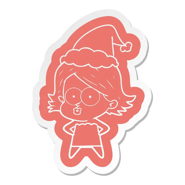 Autocollant de dessin animé d'une fille qui boude portant un chapeau de Père Noël — Image vectorielle