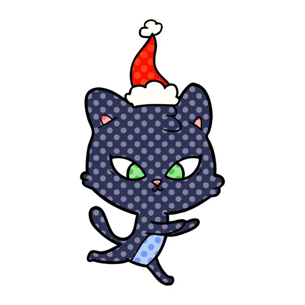 Niedliche Handgezeichnete Comic Illustration Einer Katze Mit Weihnachtsmütze — Stockvektor