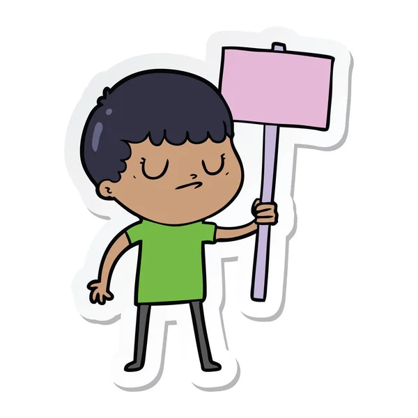 Etiqueta de um desenho animado menino rabugento com cartaz — Vetor de Stock