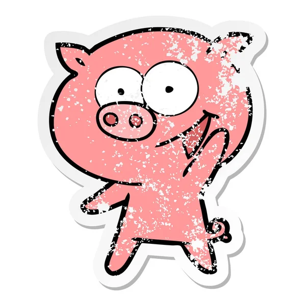 Stiker tertekan dari kartun babi ceria - Stok Vektor