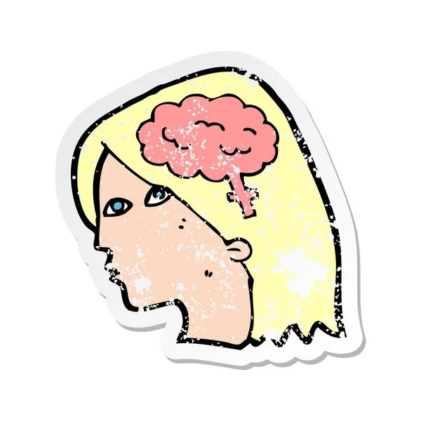 Retro Distressed Sticker Cartoon Female Head Brain Symbol — Stock Vector
