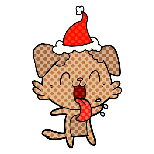 Illustrazione in stile fumetto di un cane che ansima indossando il cappello di Babbo Natale — Vettoriale Stock