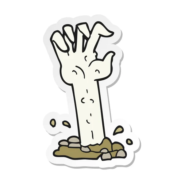 Sticker of a cartoon zombie hand rising from ground — Stock Vector