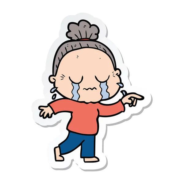 Sticker Cartoon Crying Old Lady — Stock Vector