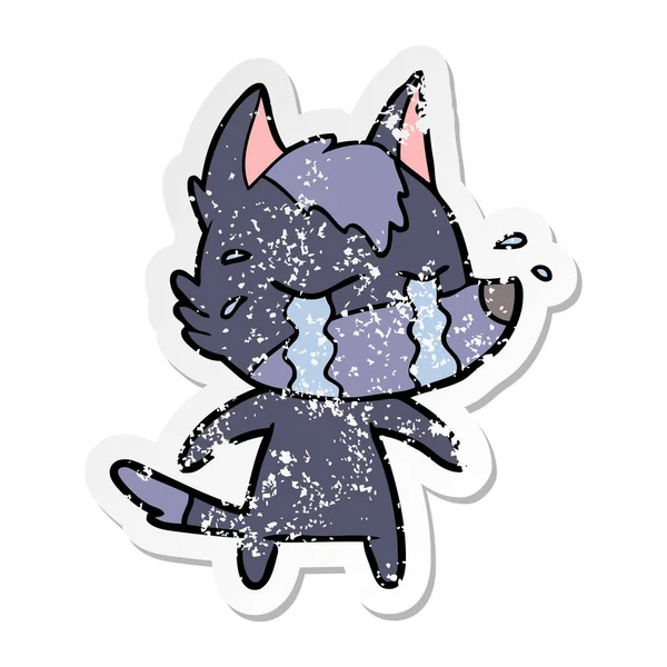 Verontruste sticker van een cartoon huilende wolf — Stockvector