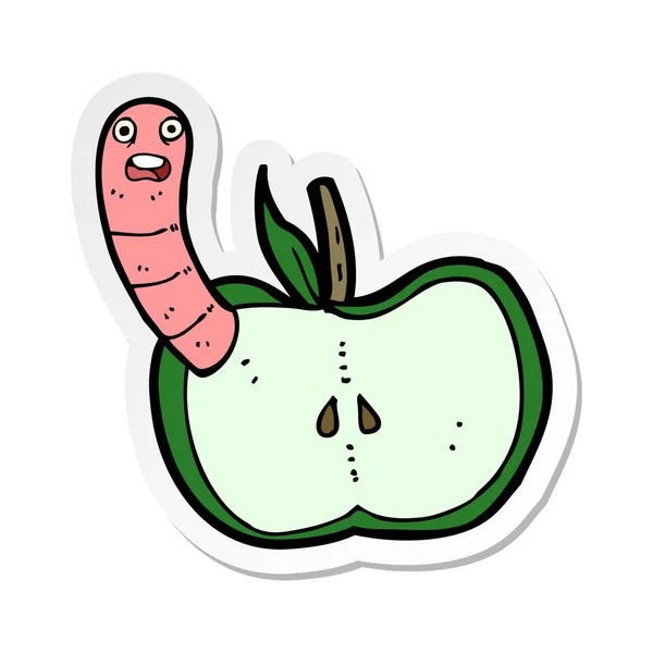 Etiqueta de uma maçã de desenho animado com verme — Vetor de Stock