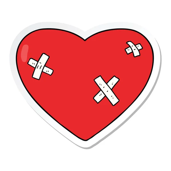 Sticker of a cartoon beaten up heart — Stock Vector