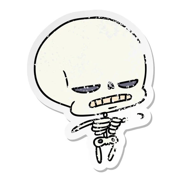 Freihändig Gezeichnete Verzweifelte Aufkleber Karikatur Von Gespenstischem Kawaii Skelett — Stockvektor