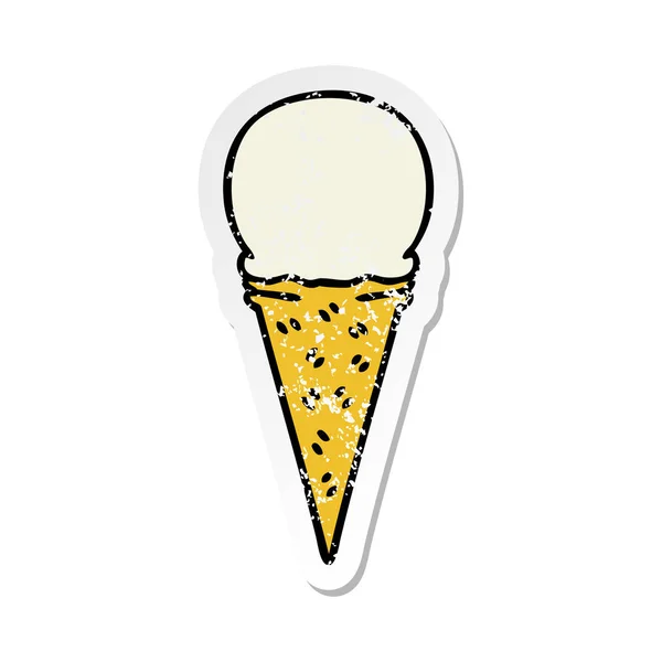 Distressed Sticker Quirky Hand Drawn Cartoon Vanilla Ice Cream Cone — Stock Vector
