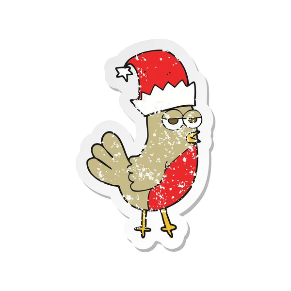 Etiqueta Angustiada Retro Robin Dos Desenhos Animados Chapéu Natal — Vetor de Stock