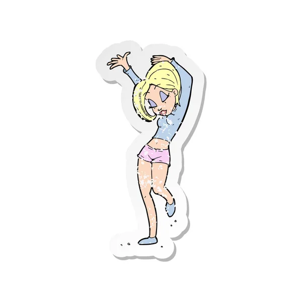 Retro distressed sticker of a cartoon pretty woman dancing — Stock Vector