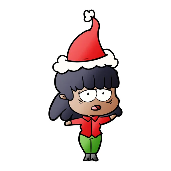 Gradient cartoon of a tired woman wearing santa hat — Stock Vector