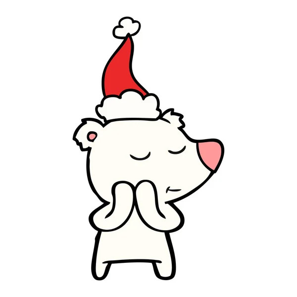 Disegno linea felice di un orso polare che indossa cappello di Babbo Natale — Vettoriale Stock