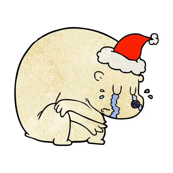 Crying textured cartoon of a polar bear wearing santa hat — Stock Vector