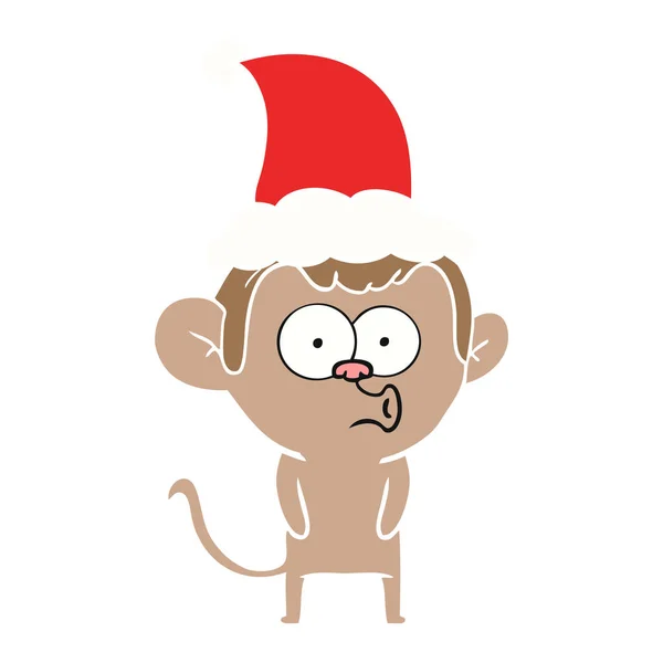 Ilustración Color Plano Dibujado Mano Mono Que Usa Sombrero Santa — Vector de stock