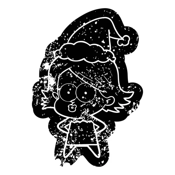 Karikatur verstörte Ikone eines schmollenden Mädchens mit Weihnachtsmütze — Stockvektor