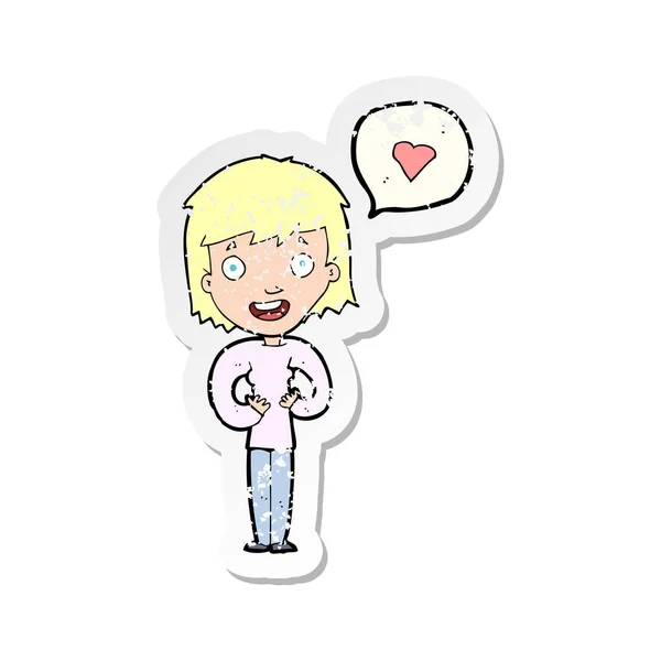 Retro noodlijdende sticker van een vrouw cartoon gelukkig in de liefde — Stockvector