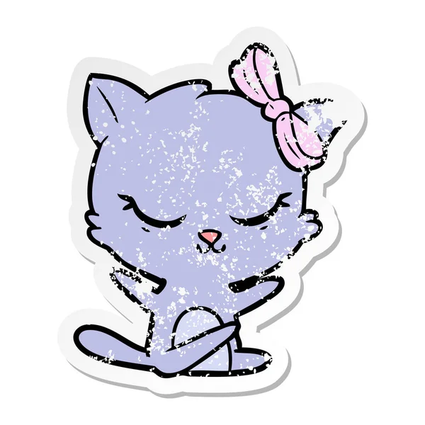 Verontruste Sticker Van Een Leuke Cartoon Kat Met Strik — Stockvector
