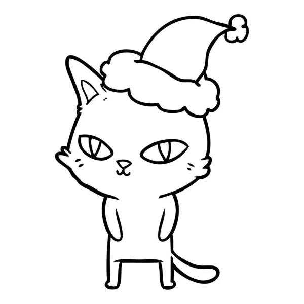 Dibujo Línea Dibujada Mano Gato Con Ojos Brillantes Usando Sombrero — Vector de stock