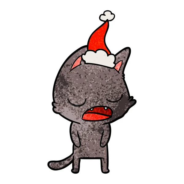 Gato falando desenhos animados texturizados de um chapéu de Pai Natal vestindo —  Vetores de Stock