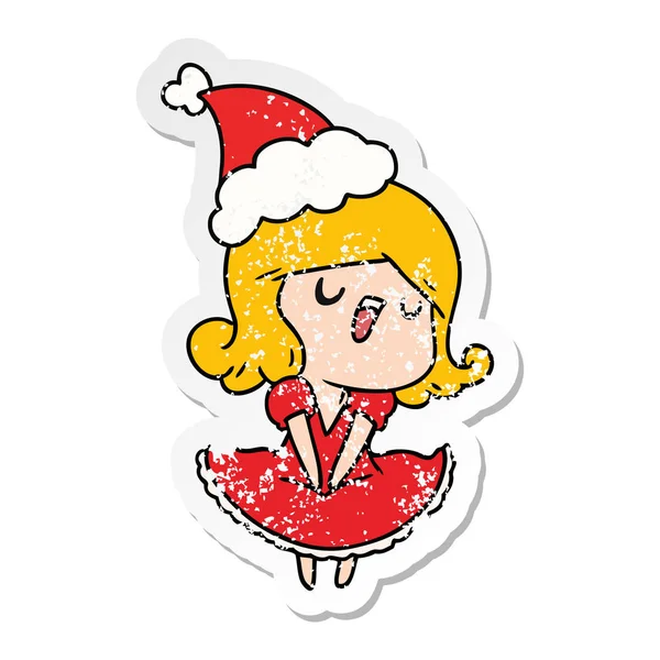 Dibujado Mano Navidad Angustiado Pegatina Dibujos Animados Chica Kawaii — Vector de stock
