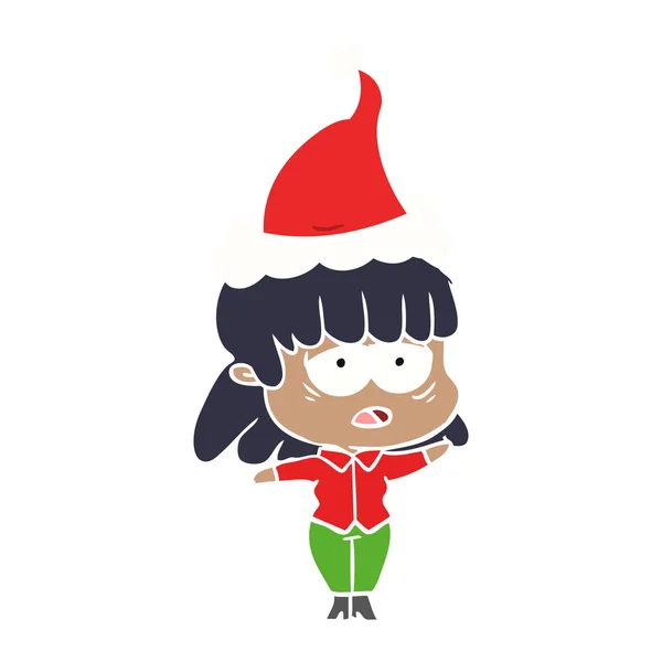 Flat color illustration of a tired woman wearing santa hat — Stock Vector