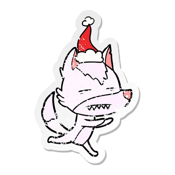 Aufkleber-Karikatur eines Wolfes, der Zähne mit Weihnachtsmann zeigt — Stockvektor