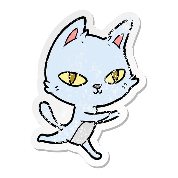 Bakan bir karikatür kedi sıkıntılı etiket — Stok Vektör