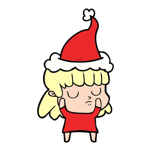 Noel Baba şapkası giyen bir kayıtsız kadının çizgi çizme — Stok Vektör