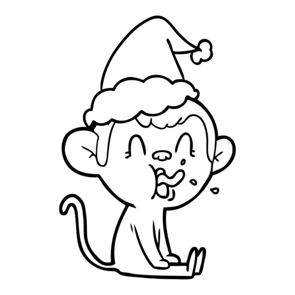Szalony rysowania linii małpy siedzi sobie santa hat — Wektor stockowy