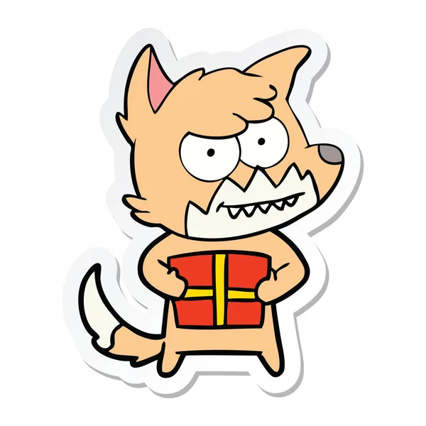 一个卡通笑狐狸与礼物的贴纸 — 图库矢量图片