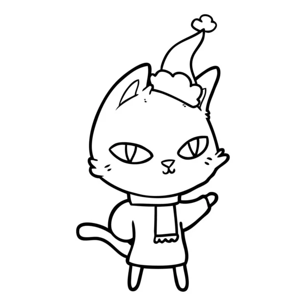 Disegno Linee Disegnate Mano Gatto Che Fissa Indossando Cappello Babbo — Vettoriale Stock