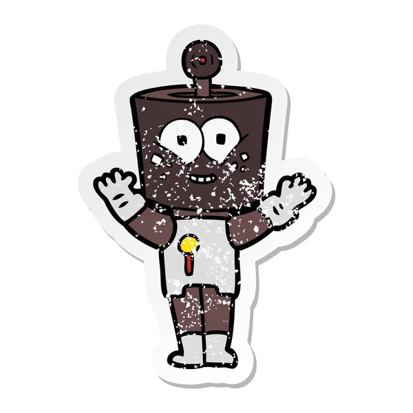 Verontruste sticker van een happy cartoon-robot — Stockvector