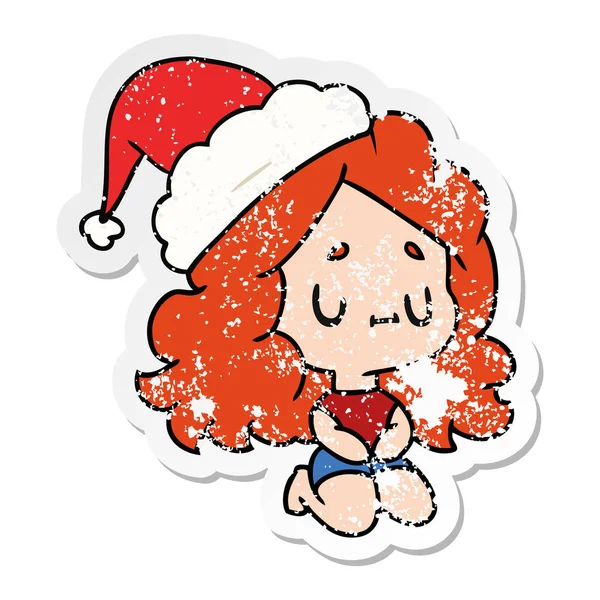 Christmas distressed sticker cartoon of kawaii girl — Stock Vector