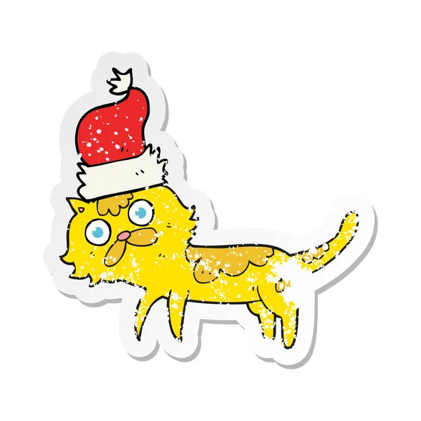 레트로 스티커 크리스마스 모자를 쓰고 만화 고양이의 고민 — 스톡 벡터