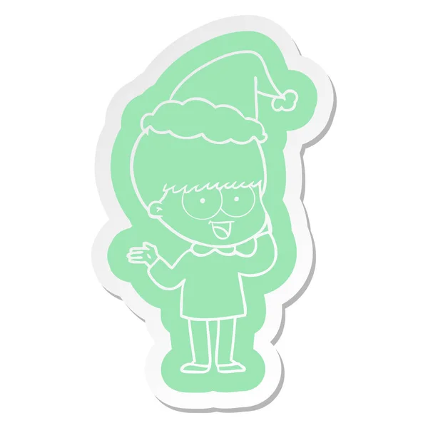 Noel Baba şapkası giyen bir çocuk mutlu çizgi film etiketi — Stok Vektör