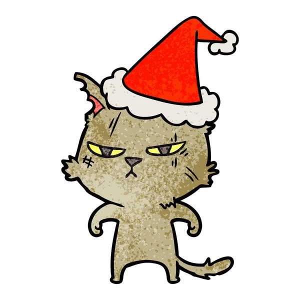 Tough Hand Drawn Textured Cartoon Cat Wearing Santa Hat — Stock Vector