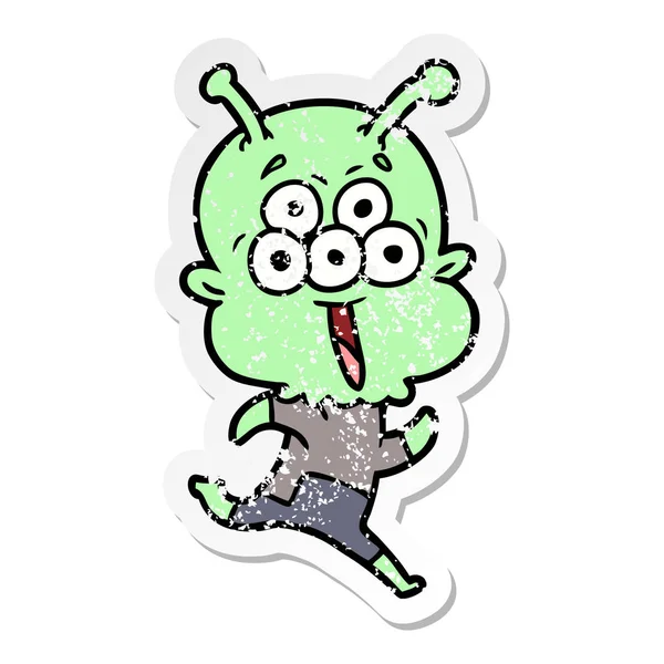 Distressed Sticker Happy Cartoon Alien Running — Stock Vector